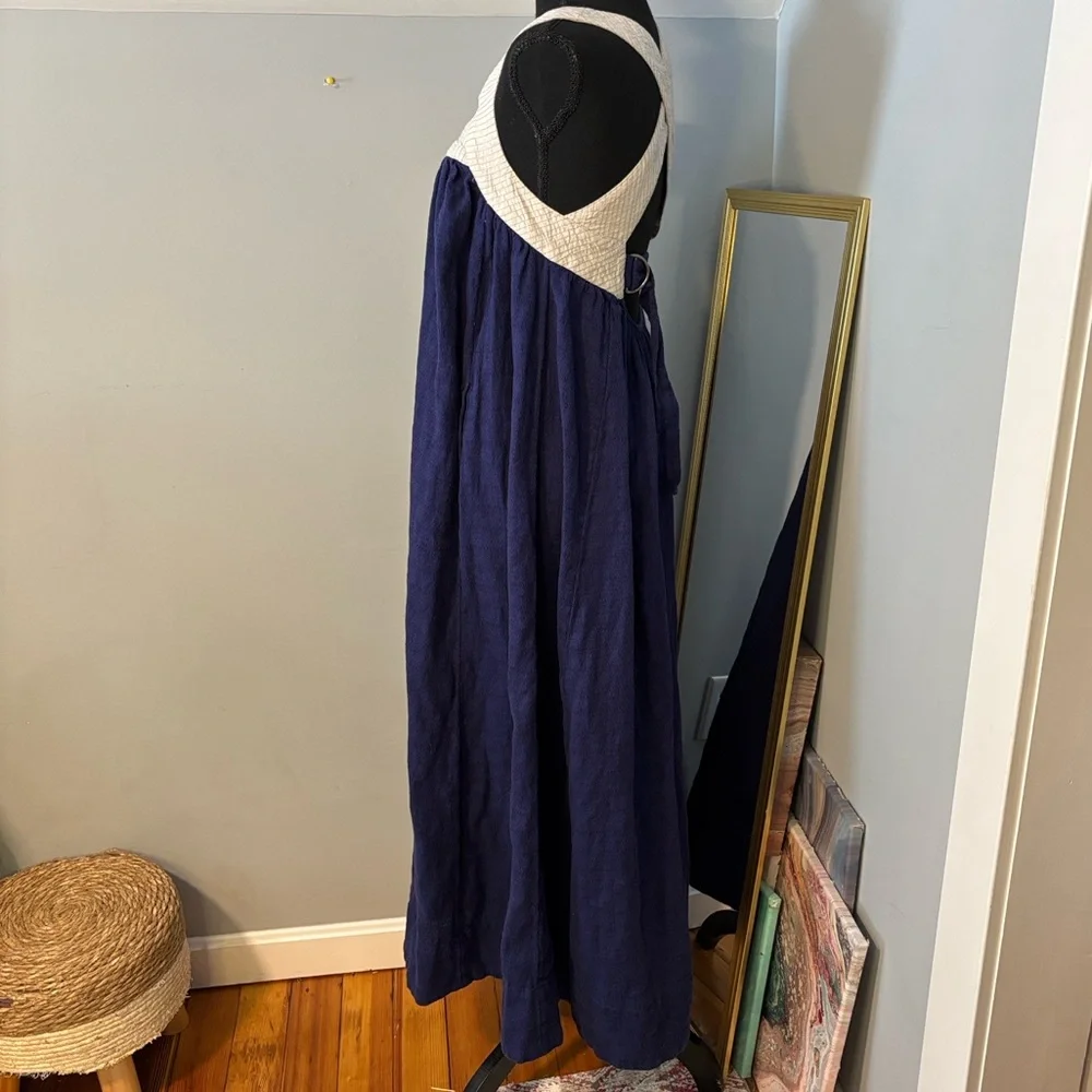 Free People Navy Blue Cotton Linen Striped‎ Bodice Open Back Maxi Dress Small